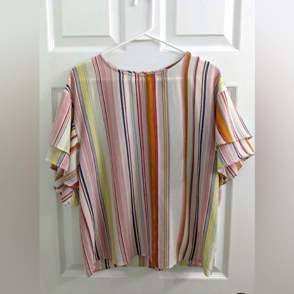 Bobeau boutique Striped Multicolor Ruffle Butterfly Sleeve Top - SZ Large NWOT